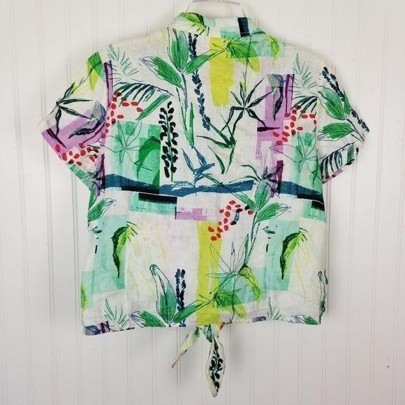 Sigrid Olsen Linen Top Blouse Large Short Sleeve Button Tie Tropical Cropped - Picture 2 of 9